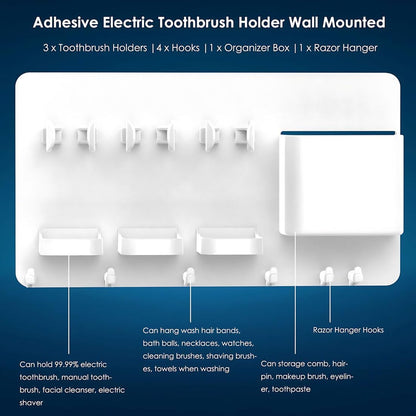 simpletome Adhesive Electric Toothbrush Holder Wall Mounted (White) | no drilling required | adhesive installation | 2pcs self-adhesive tape included | abs plastic | with 6hooks | razor hanger
