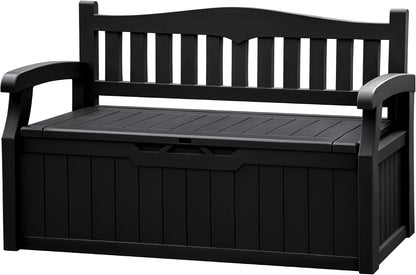 JUMMICO 80 Gallon Resin Outdoor Storage Bench, Large Deck Box with Armrest, Lockable&Waterproof for Garden, Home, Patio, Pools (Black, 80 Gallon)