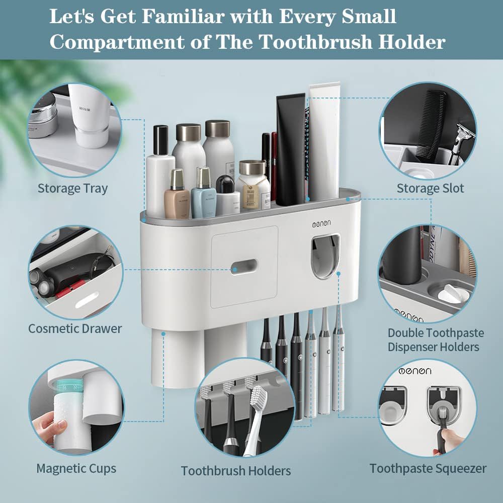 Toothbrush Holders for Bathrooms Wall Mounted, 6 Slot Toothbrush Holder with 2 Automatic Toothpaste Dispensers, 2 Magnetic Cups, Large Capacity Bathroom Organizer, Wall Storage with Drawer