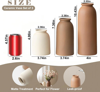 Ceramic Vase Set-3, Small Flower Vases for Decor, Modern Boho Farmhouse Style, Decorative Vases for Pampas Grass & Dried Flowers, Distressed Finish (Beige)