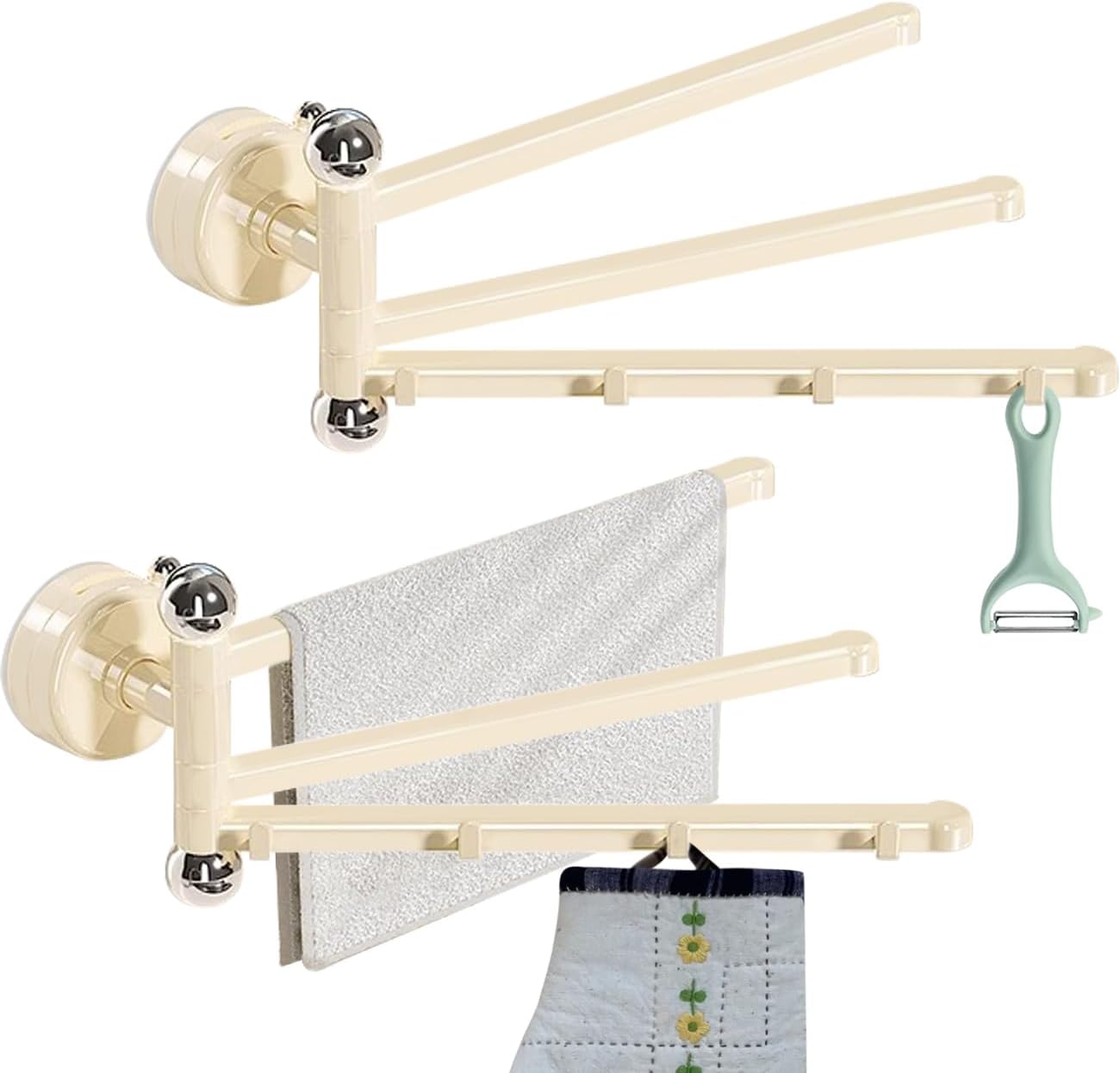 2PCS Swivel Suction Cup Towel Bar 3 Swing Arms 270°Rotation Wall Mounted Cloth Drip Dry Holder Multifunctional Storage Rack for Bathroom and Kitchen Accessories Beige