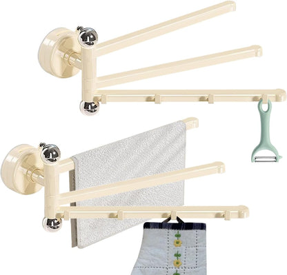 2PCS Swivel Suction Cup Towel Bar 3 Swing Arms 270°Rotation Wall Mounted Cloth Drip Dry Holder Multifunctional Storage Rack for Bathroom and Kitchen Accessories Beige