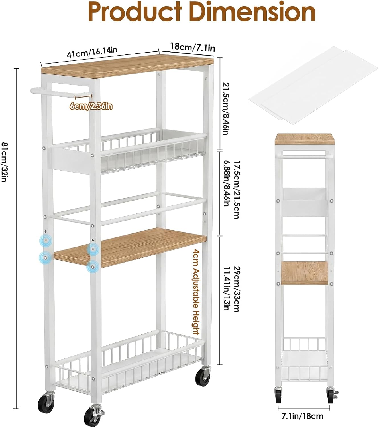 Slim Storage Rolling Cart, 4 Tier Narrow Cart with Wheels, Metal Kitchen Rolling Cart for Small Spaces, Slide Out Storage Shelves for Kitchen, Laundry Room, Bathroom, Living Room, 7.1in(W)
