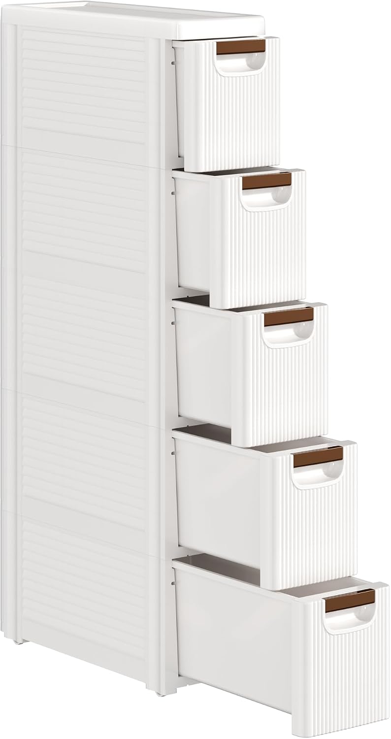 VECELO 3-Drawer Narrow Bathroom Storage Cabinet, Mobile Plastic Slim Rolling Organizer Cart with Built-in 4 Wheels for Living Room, Kitchen, Bathroom, Bedroom, Office, White(16.5" x 7.5" x 22.2")