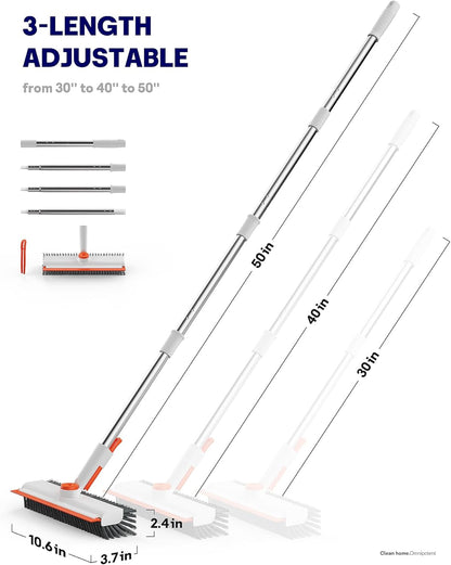 Floor Scrub Brush with Long Handle, 3 in 1 Scrape and Heavy-Duty Stiff Bristle Floor Scrubber Brush with Squeegee and Tweezer for Cleaning Tile Wall Deck Bathroom Patio Garage Kitchen (White)