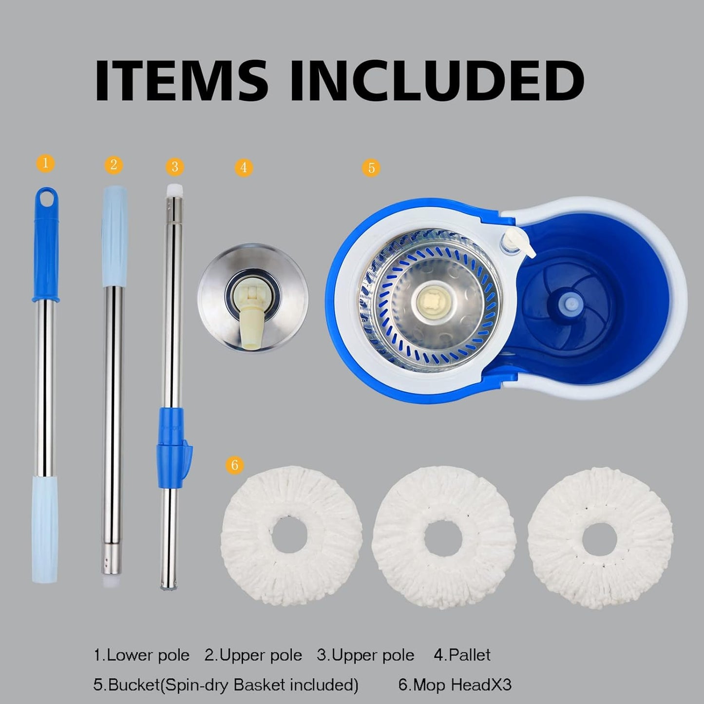Mop and Bucket Set, 360° Spin Mop and Bucket with Wringer Set and 3 Microfiber Mop Refills, Stainless Steel 61" Extended Handle Spinning Mop Bucket System for Floor Cleaning