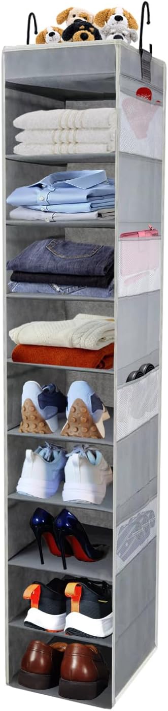Large-Sized Hanging Shoe Organizer 10-Shelf, Sturdy Hanging Closet Organizer with 8 Side Pockets, Wider Hanging Shelves for Storage Shoes Clothes Jeans Shirts Toys, Black