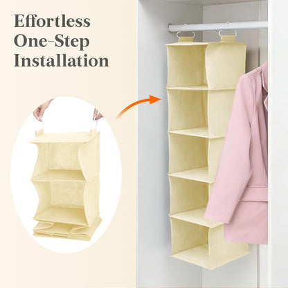 Lifewit 5 Tier Hanging Closet Organizer and Storage for Shelves, Foldable Clothes Shelf with 2 Sturdy Hooks, Sweater/Coat/Shoes Clothing Organization for Wardrobe, Dorm, Bedroom, Gray
