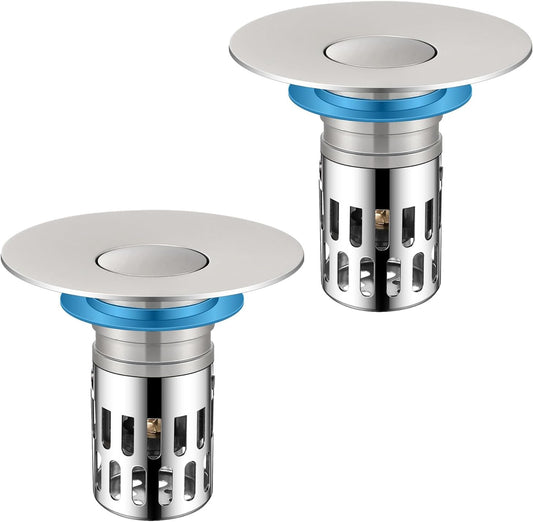 Universal Bathroom Sink Stopper, Pop Up Sink Drain Strainer Plug with Removable Stainless Steel Filter Basket Hair Catcher,Brass Body,Bathroom Bathtub Drain Stopper(2 PCS),Brushed Silver