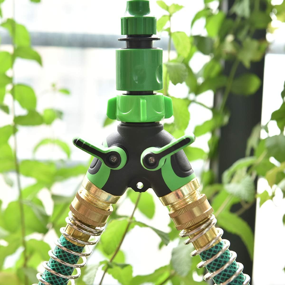 Garden 2 Way Hose Splitter Y Connector with Comfortable Rubber Grip and 360 °Rotatable Top Quick Connect Garden Hose Tee Equipment Valve Shut Off (Green 2)
