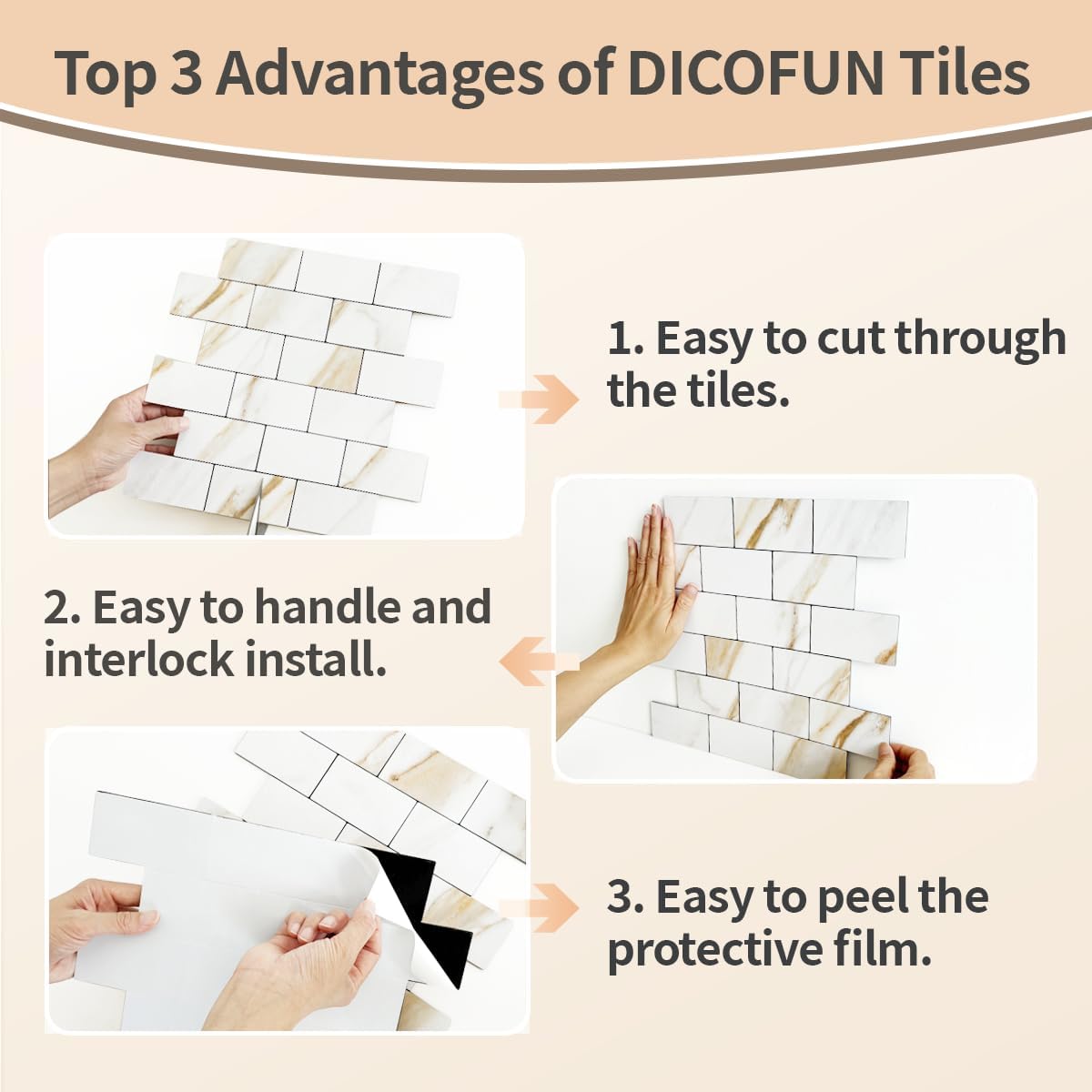 DICOFUN 10-Sheet Polished White Thick PVC Peel and Stick Backsplash, Ceramic Look Subway Tile White Kitchen Backsplash Peel and Stick Wall Tiles