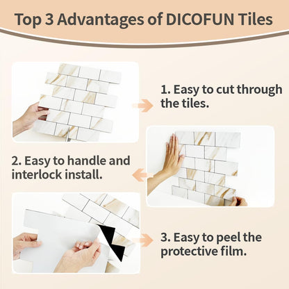 DICOFUN 10-Sheet Polished White Thick PVC Peel and Stick Backsplash, Ceramic Look Subway Tile White Kitchen Backsplash Peel and Stick Wall Tiles