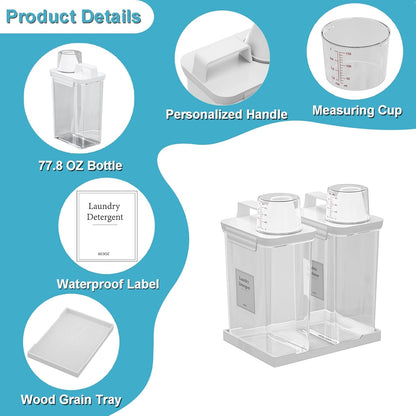 61OZ Laundry Detergent Dispenser Container, 2 Pack Liquid Laundry Dispenser, Plastic Detergent Dispensers for Laundry Powder/Fabric Softener with Tray 6 Labels, Clear