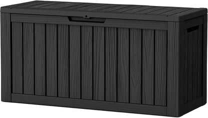 100 Gallon Storage Box, Waterproof Resin Deck Box with Hydraulic Piston Design, Lockable Storage Bench for Package Delivery, Storage Bin for Patio Cushions, Garden Tools, Black