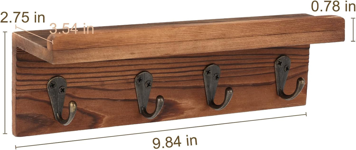 HRONRAD Rustic Key Holder for Wall, Farmhouse Wall Shelf with 4 Hooks, Wall Mounted Key Racks, Wooden Mail Organizer with Hooks for Entryway (Brown)