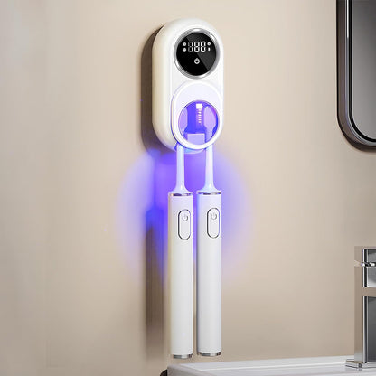 Wall Mounted Toothbrush Holder, Toothbrush Covers with 2 Toothbrush Slots, Portable Cleaning Box for Electric and Manual Toothbrushes, Inductance Cleaner Case Without Drilling (White)