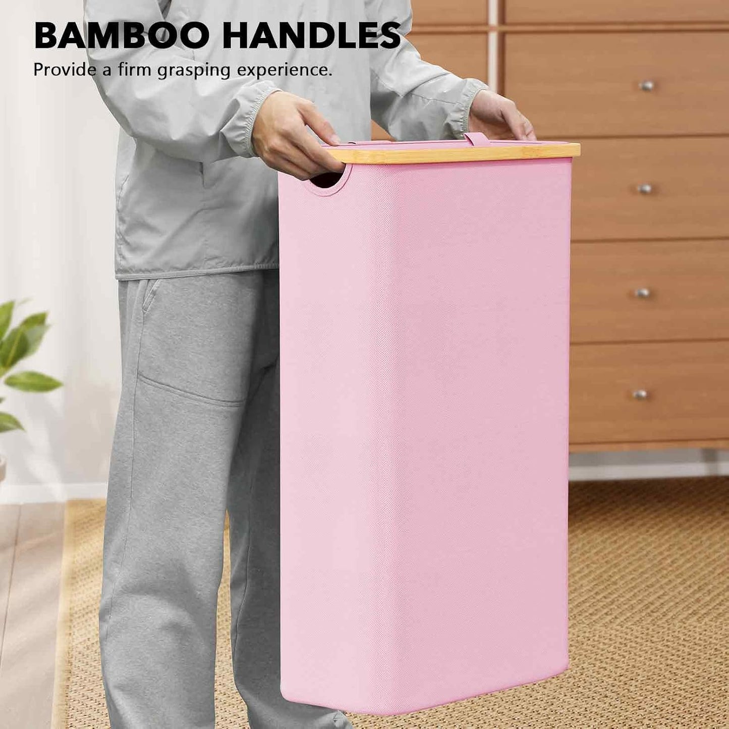 SpaceAid Double Laundry Hamper 2 Section with Lid and Removable Laundry Bags, 160L Clothes Basket with Bamboo Handles, Large Collapsible Hamper for Bedroom, Bathroom, Dorm, Laundry Room - White