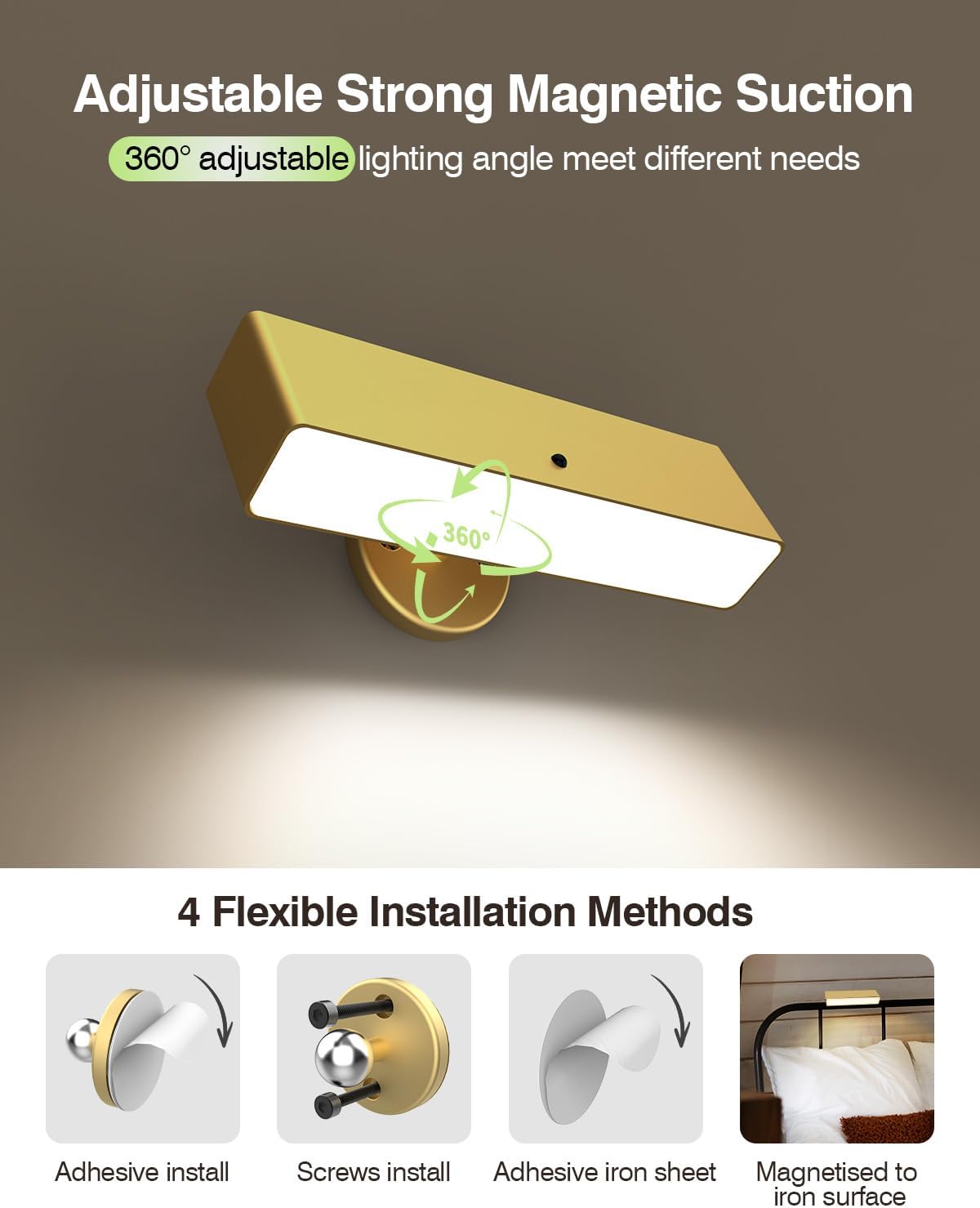 iThird Rechargeable Battery Operated Wall Sconce Set of 2: Wireless Black Wall Lights Battery Powered Magnetic 360° Rotation Cordless Scone Adhesive LED Wall Mount Lamp for Bedroom Reading Picture RV