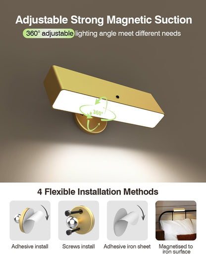 iThird Rechargeable Battery Operated Wall Sconce Set of 2: Wireless Black Wall Lights Battery Powered Magnetic 360° Rotation Cordless Scone Adhesive LED Wall Mount Lamp for Bedroom Reading Picture RV
