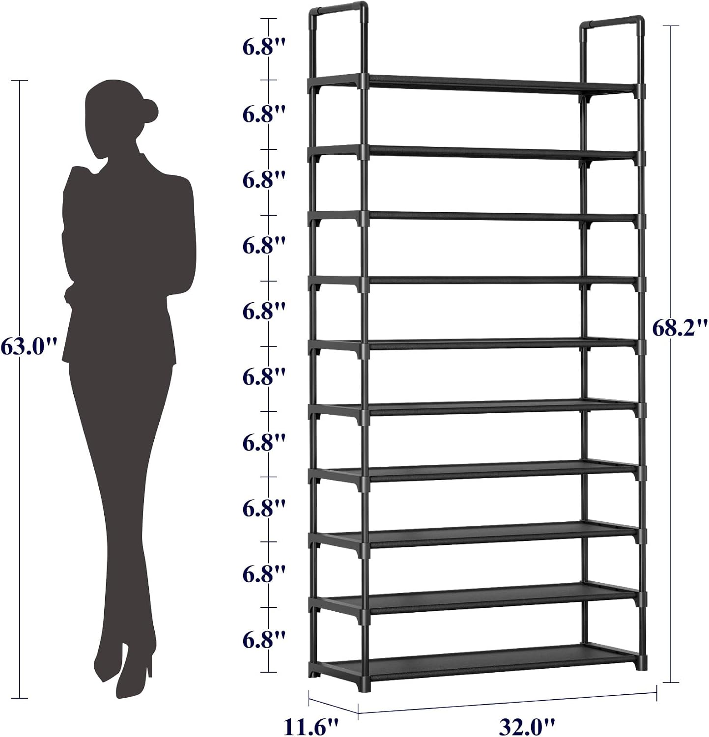 Kitsure Shoe Rack - 10-Tier Shoe Organizer with Detachable Fabric Shelves & Metal Frame, Tall Shoe Rack for Closet, Entryway, Living Room, 16.9" Wide - 10 Tier, Black