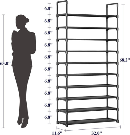 Kitsure Shoe Rack - 10-Tier Shoe Organizer with Detachable Fabric Shelves & Metal Frame, Tall Shoe Rack for Closet, Entryway, Living Room, 16.9" Wide - 10 Tier, Black