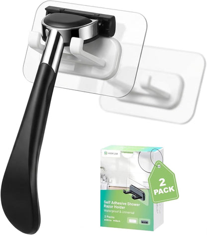 Hook LAB Strong Adhesive Shower Razor Holder, 2-Pack Waterproof Wall Hooks for Bathroom, Reusable & Removable No-Drill Hook for Razors, Towels & Accessories – Works on Tile, Glass & Metal - Black
