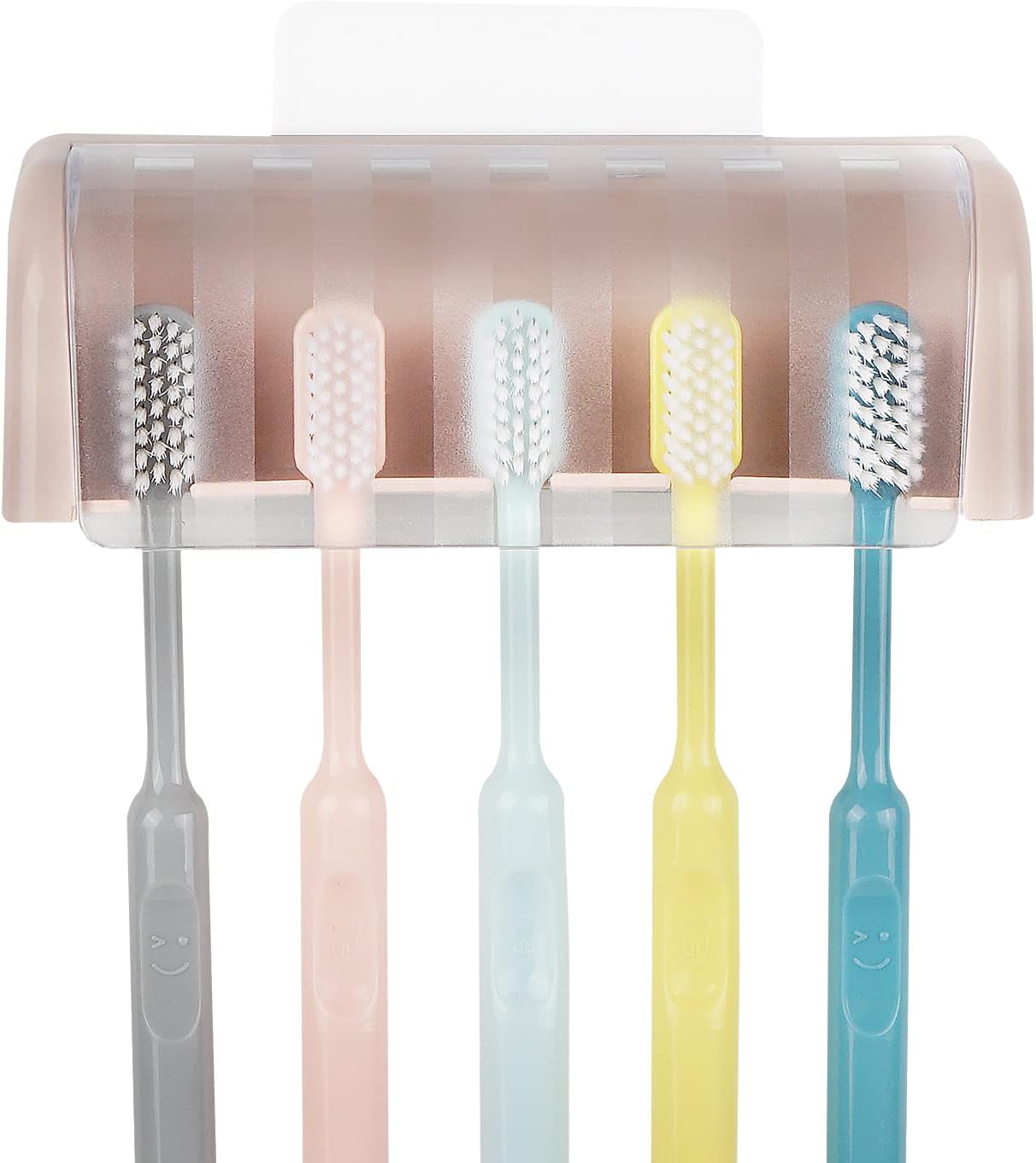 5 Slots Wall Mount Toothbrush Holder with Cover, Self Adhesive Toothbrush Storage Organizer for Shower, Toothbrush Hanger with Automatic Toothpaste Squeezer Dispenser