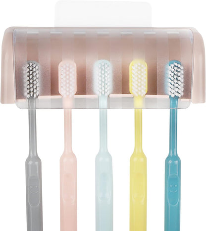 5 Slots Wall Mount Toothbrush Holder with Cover, Self Adhesive Toothbrush Storage Organizer for Shower, Toothbrush Hanger with Automatic Toothpaste Squeezer Dispenser