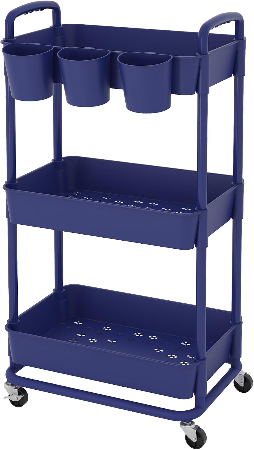 JIUYOTREE 4-Tier Plastic Rolling Storage Cart Utility Cart with Extra Hanging Cups Handles Lockable Wheels for Living Room Bathroom Kitchen Office White