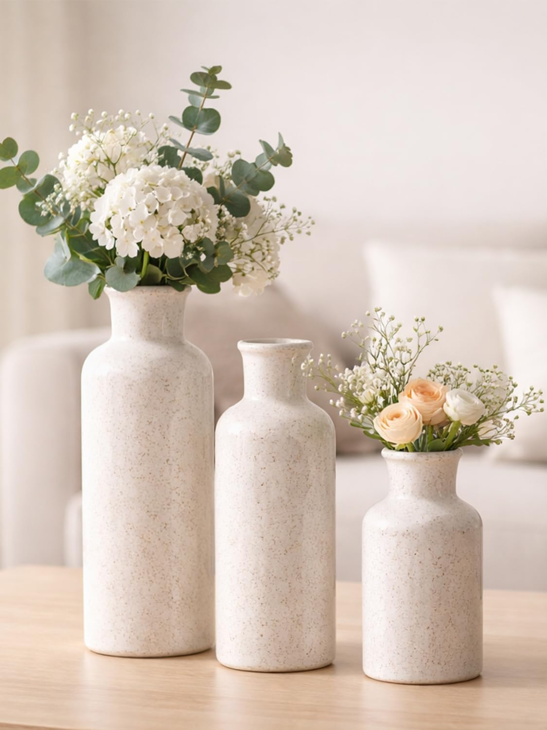 Small White Speckled Ceramic Vase Set of 3, Decorative Modern Vases for Shelf, Table, Living Room, Dried Flowers