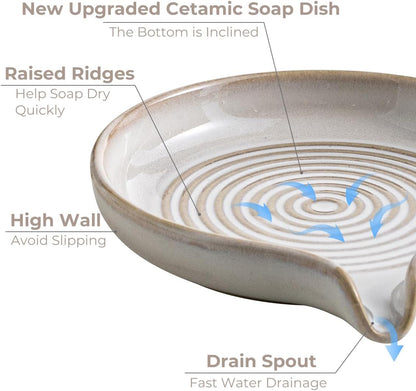 Self Draining Soap Dish, Ceramic Drain Soap Holder Waterfall Design Soap Saver for Shower, Bathroom, Sink, Kitchen and Countertop, Keeps Dry, Green