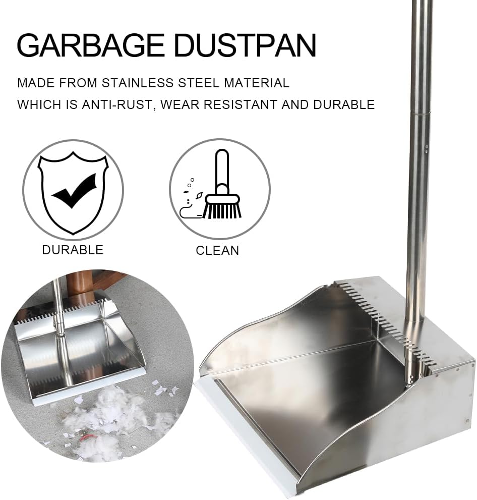 Stainless Steel Dustpan with Outdoor Stiff Bristles Broom,Long Handle Metal Dust Pan and Heavy Duty Broom for Home,Lobby,Office