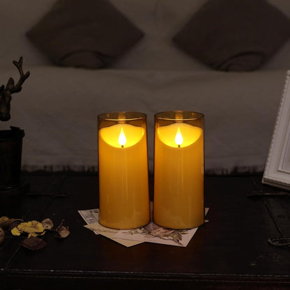 NURADA Flameless Candles with Remote Timer - Glass Real Wax 3D Wick LED Pillar Votive Candle Set Battery Operated Flickering Light for Home Christmas Decoration - White 3 Pack