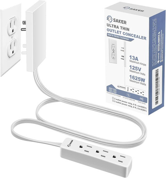 Saker Outlet Concealer Power Strip | 5ft Flat Plug Extension Cord with 3 Outlets,1625W | Universal Size Outlet Cover Baby Proofing | Cover Extension Cord for Kitchen, Home and Office