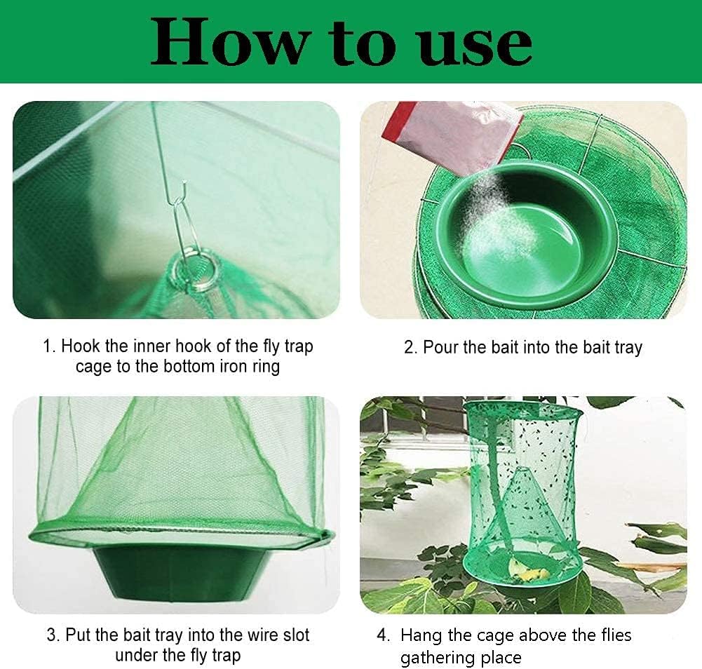 Ranch Fly Trap Outdoor Hanging Reusable with Fishing Apparatus | Food Bait Tray Catcher Cage for Indoor or Outdoor Family Farms, Park (4 Pack)