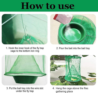 Ranch Fly Trap Outdoor Hanging Reusable with Fishing Apparatus | Food Bait Tray Catcher Cage for Indoor or Outdoor Family Farms, Park (4 Pack)