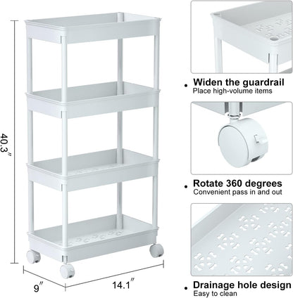 Sooyee 3 Tier Rolling Cart with Wheels, Slim Storage Cart, Under Desk Narrow Rolling Utility Cart Storage Organizer for Office Bathroom Kitchen Laundry Room Narrow Places, White, Plastic and Metal