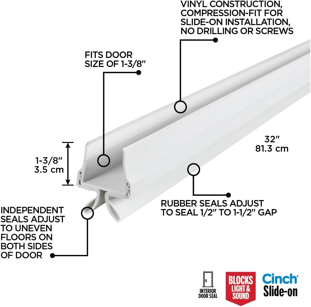 M-D Building Products Vinyl Cinch U-Shape Door Bottom Seal, Slide-On Weatherstripping Draft Stopper, Easy to Install, Fits 36” x 1-3/4” Doors, Fills 3/8”- 3/4” Gaps, 43337, Brown