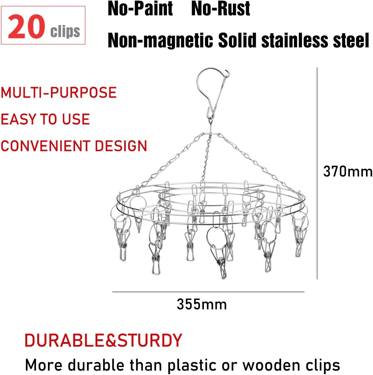 Stainless Steel Clothes Drying Rack with 36 Clips, 1 Pack, 360° Rotating Hanger, Windproof Design for Socks, Underwear, Baby Clothes, Towels, Lingerie, Scarves, Diapers, Laundry Drying Rack