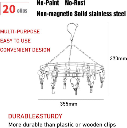 Stainless Steel Clothes Drying Rack with 36 Clips, 1 Pack, 360° Rotating Hanger, Windproof Design for Socks, Underwear, Baby Clothes, Towels, Lingerie, Scarves, Diapers, Laundry Drying Rack