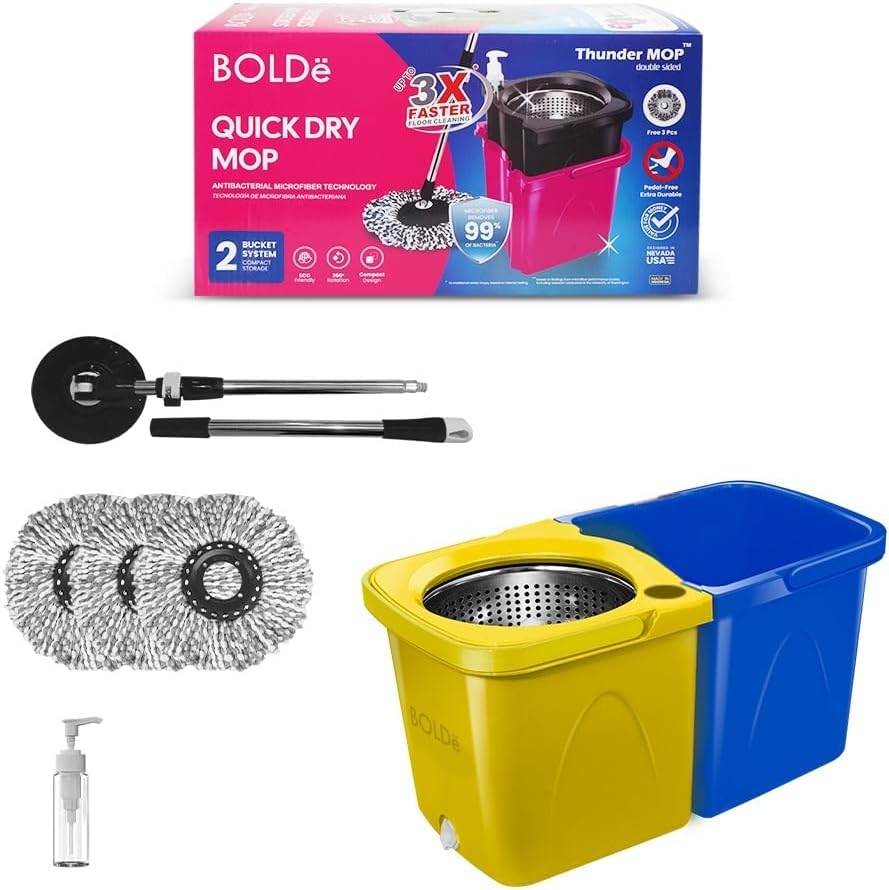 Thunder Mop Spin System -Double-Sided- 2 Compact Stackable 6L Buckets, Microfiber Head, Stainless Steel Wringer, Antifungal Quick-Dry Cleaning, Soap Dispenser, 3 Free Refills (Lime/Forest Green)