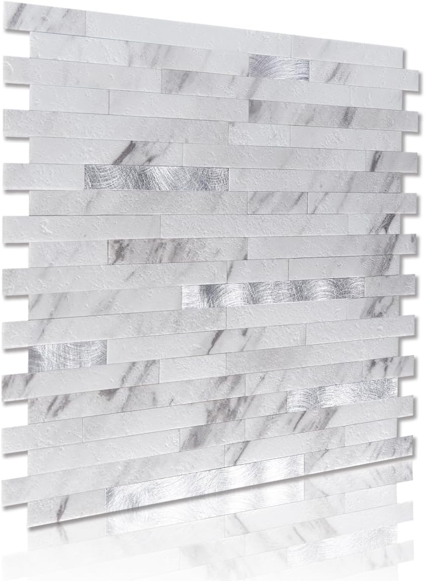 Art3d 10-Sheet Peel and Stick Backsplash Tile for Kitchen Bathroom Fireplace Laundry Room in White Slate with Gold Studded
