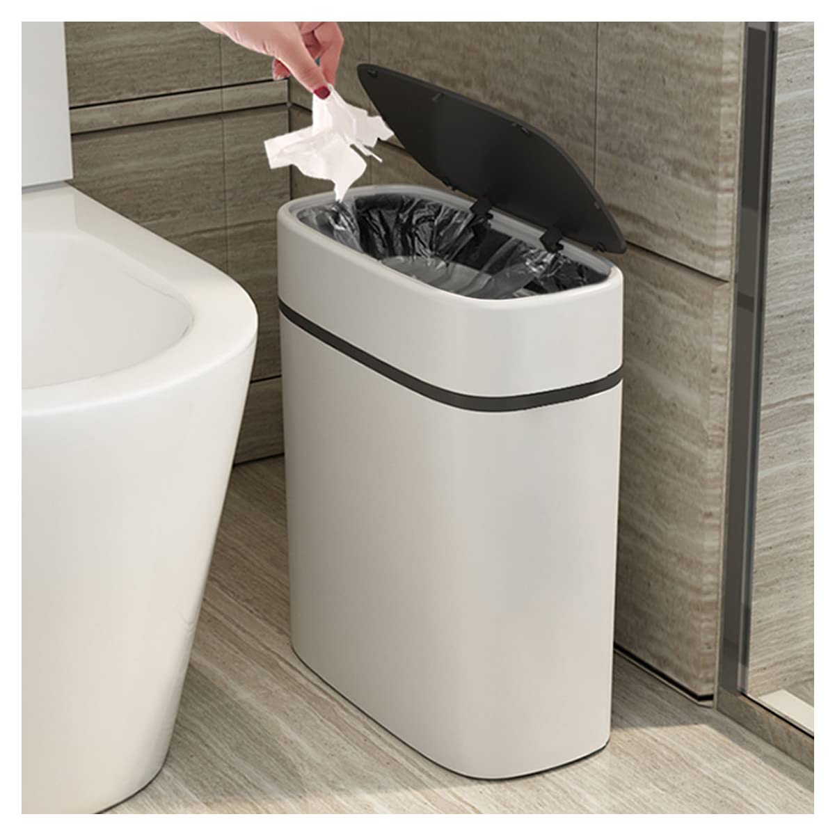3.7 Gallons Bathroom Trash Can and Toilet Brush Set, 14 Liter Slim Trash Can with Toilet Brush Holder Set for RV, Black lid