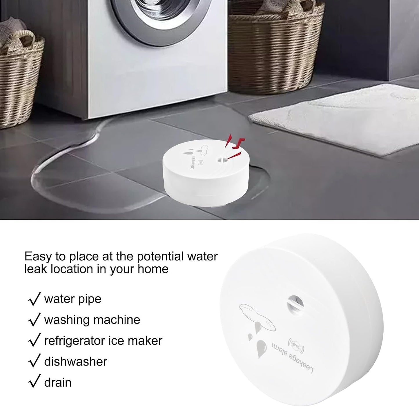 Home Security Water Leak Detector Featuring Loud 90db Sound Alarm Plus Precision Sensing Technology For Basement And Bathroom Use