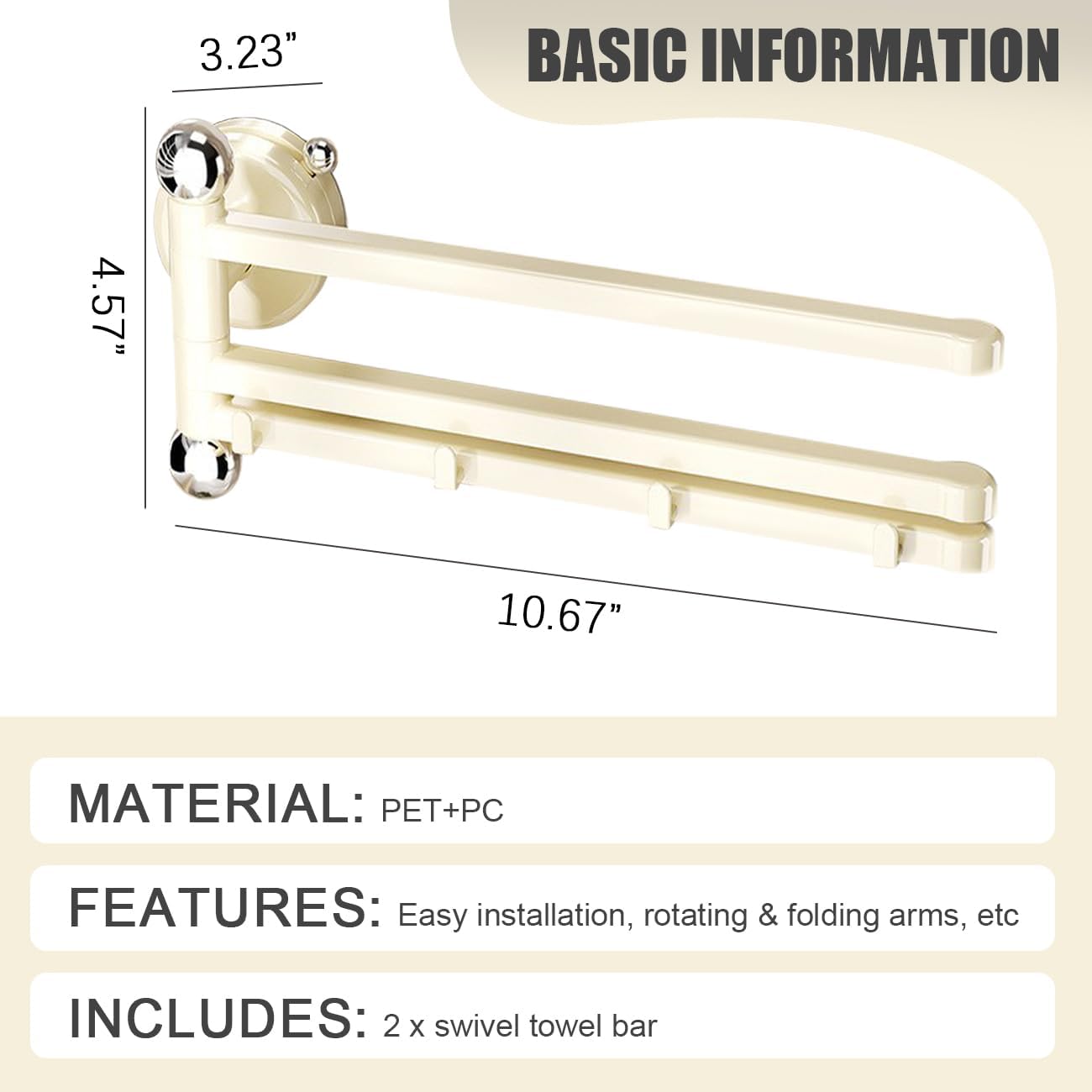 2PCS Swivel Suction Cup Towel Bar 3 Swing Arms 270°Rotation Wall Mounted Cloth Drip Dry Holder Multifunctional Storage Rack for Bathroom and Kitchen Accessories Beige