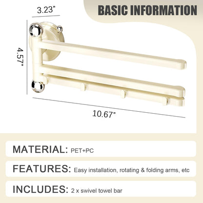 2PCS Swivel Suction Cup Towel Bar 3 Swing Arms 270°Rotation Wall Mounted Cloth Drip Dry Holder Multifunctional Storage Rack for Bathroom and Kitchen Accessories Beige