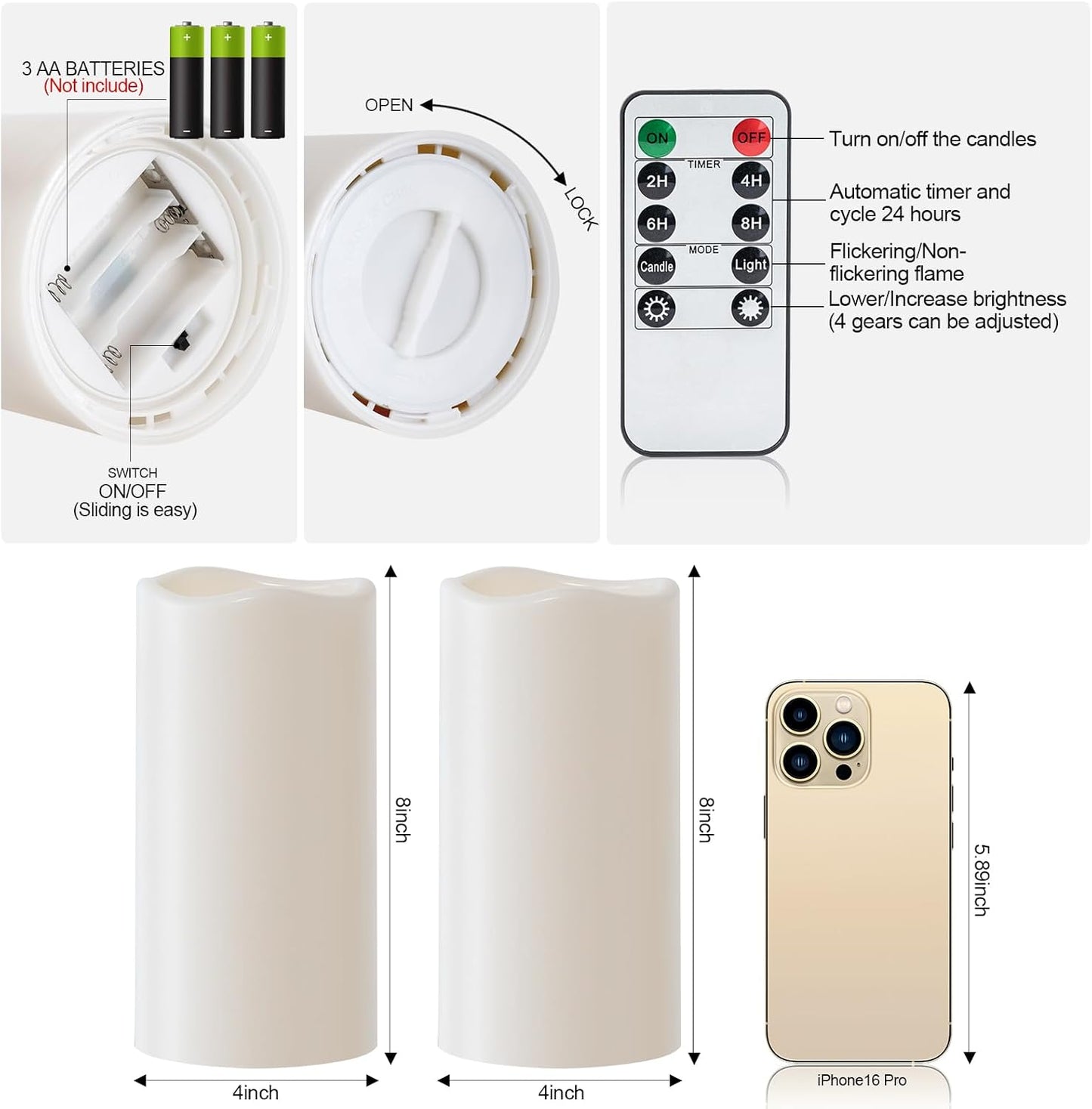 Amagic 3 Pack 4"x 6"8" 10" Outdoor Plastic Electric flameless Candles with Remote Control and Timer, Battery Operated Flickering LED Pillar Fake Candle for Home, Wedding Decor, Ivory