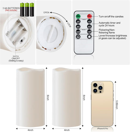 Amagic 3 Pack 4"x 6"8" 10" Outdoor Plastic Electric flameless Candles with Remote Control and Timer, Battery Operated Flickering LED Pillar Fake Candle for Home, Wedding Decor, Ivory
