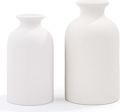 Hirdbrote Small Ceramic Vases for Decor, 2-Piece Set - Flower Vases, Modern Farmhouse & Rustic Home Decor, Wedding & Kitchen Centerpiece (5.5' & 4.7' Tall) (White)