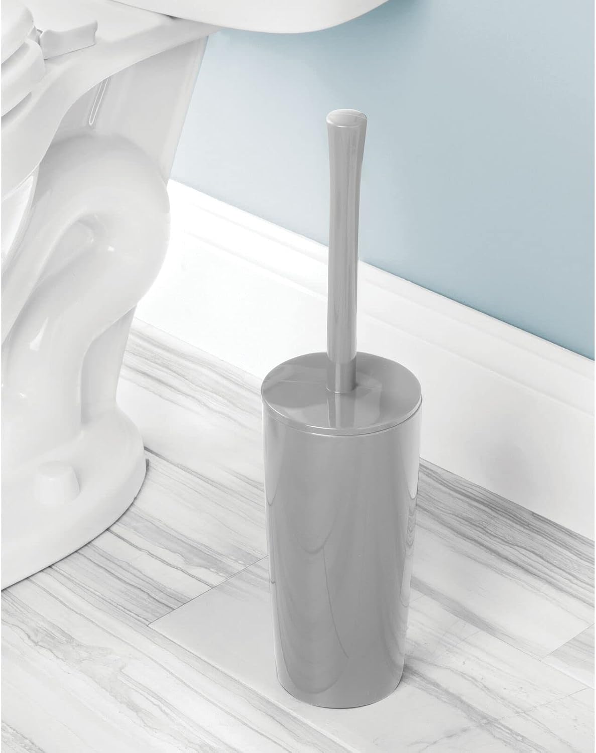 mDesign Slim Plastic Toilet Bowl Brush and Holder Set, Modern Compact Storage Organizer Cleaner Scrubber for Toilet - Heavy Duty Cleaning Plunger for Bathroom, Aura Collection - Gray